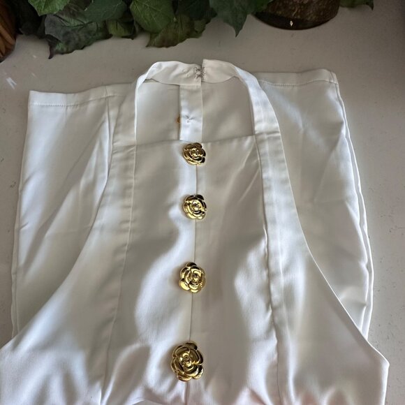 White Sleeveless Mini Dress With Gold Floral Buttons & Open Back Design - Picture 8 of 12